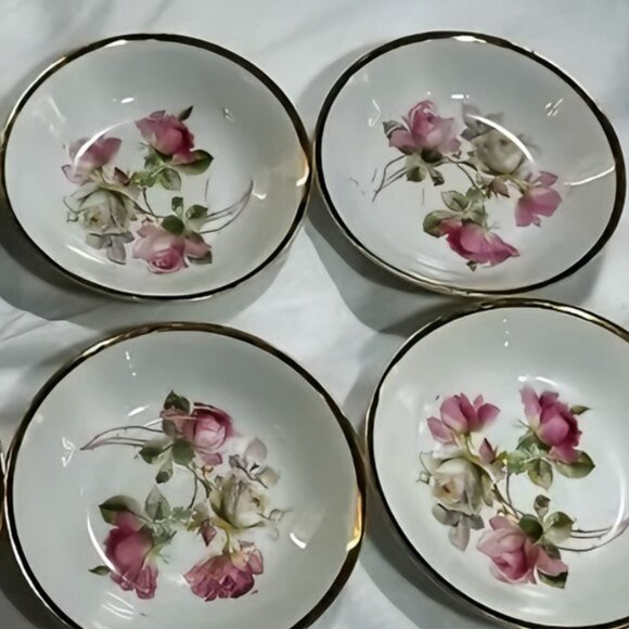 Antique German Berry Bowls - Set of 6, Pink & White Roses with Gold Trim - Picture 1 of 5